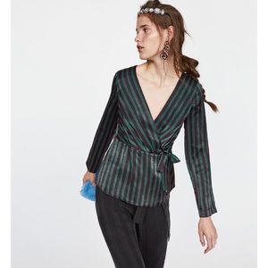 Zara Green Crossover Striped Wrap Tie Blouse  sz M